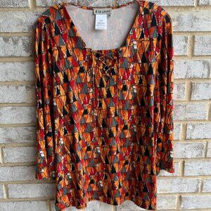 a' la carte 3/4 Sleeve Tie Neck Abstract Stretch Knit Blouse Women's Size M